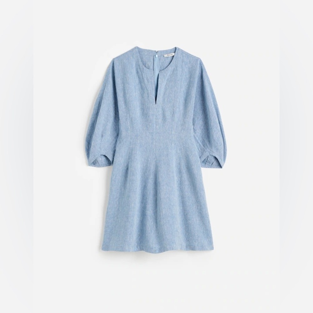 Madewell Splitneck Mini Dress in 100% Linen - Sunfaded Blue - Size 00 - Picture 6 of 15